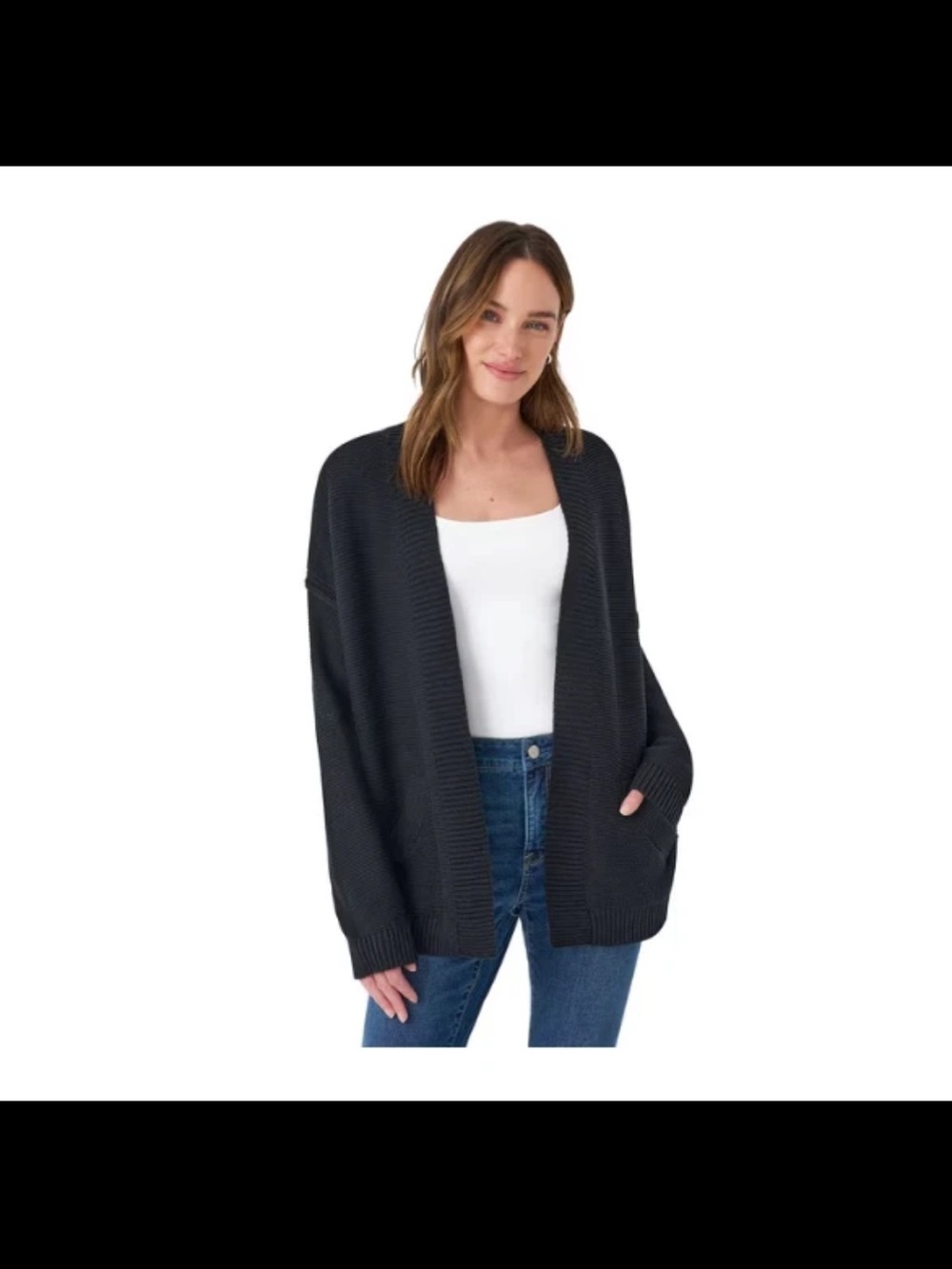 Seven7 Black Open-Front Ribbed Cardigan